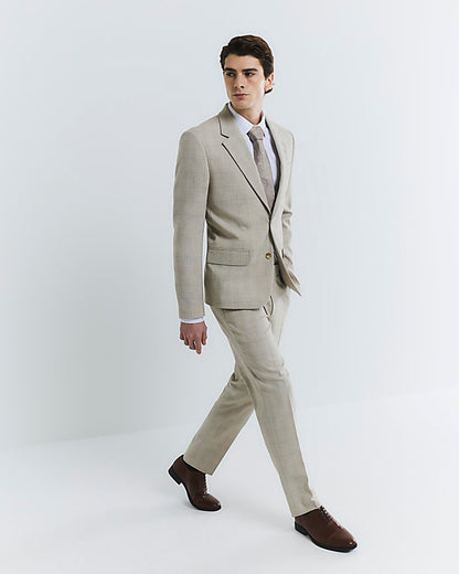 Beige Check Slim Suit Trousers