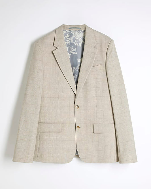 Beige Check Slim Suit Jacket