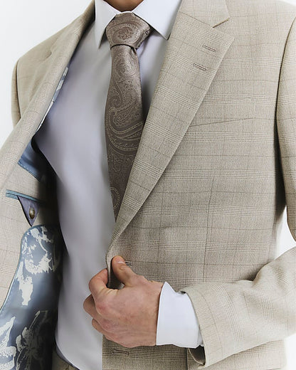 Beige Check Slim Suit Jacket