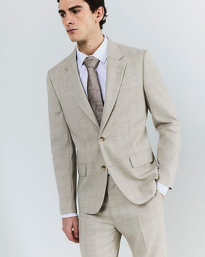 Beige Check Slim Suit Jacket