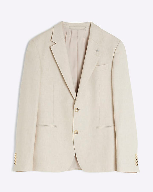 Cream Slim Fit Linen Blend Suit Jacket