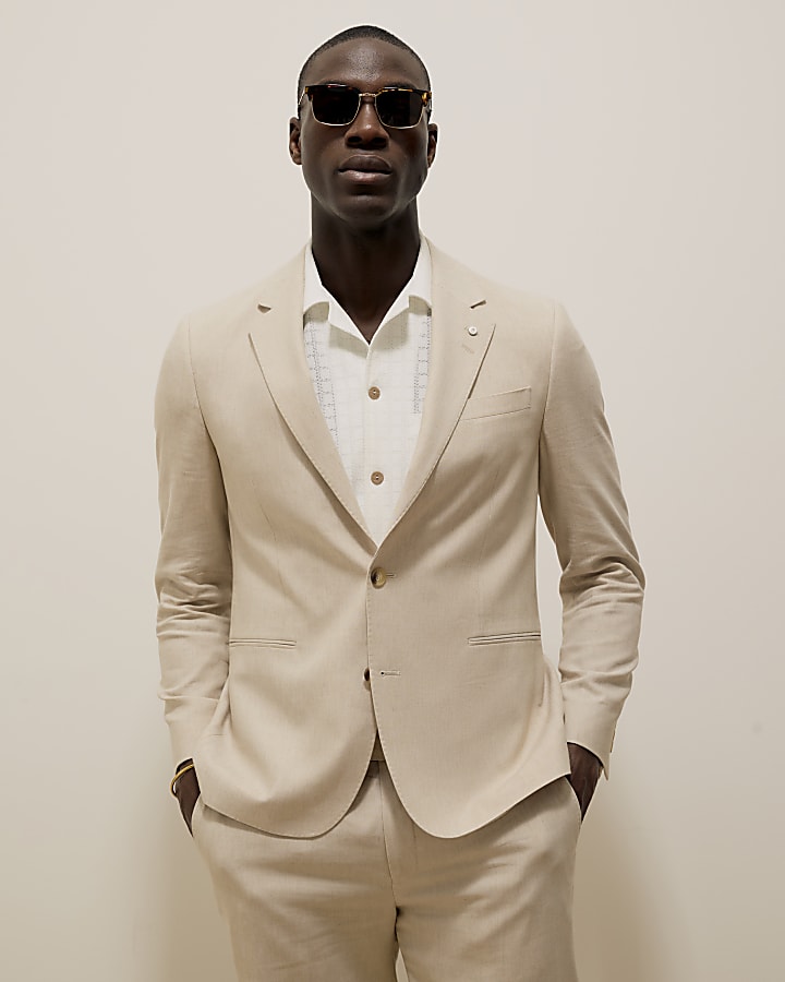 Cream Slim Fit Linen Blend Suit Jacket