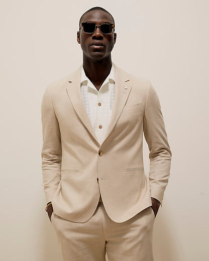 Cream Slim Fit Linen Blend Suit Jacket