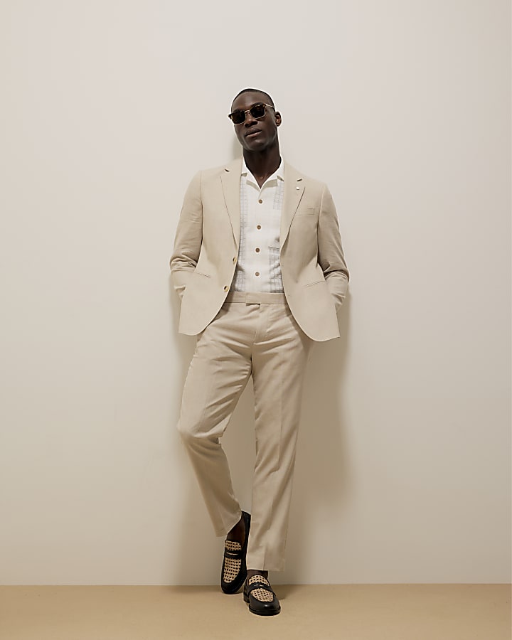 Cream Slim Fit Linen Blend Suit Jacket