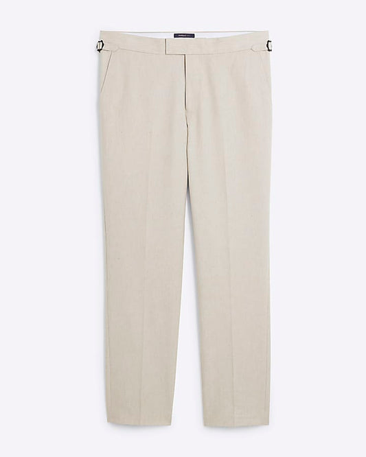 Cream Slim Fit Linen Blend Suit Trousers