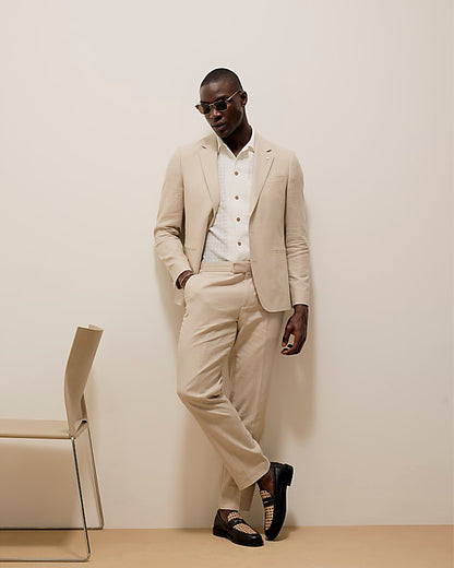 Cream Slim Fit Linen Blend Suit Trousers