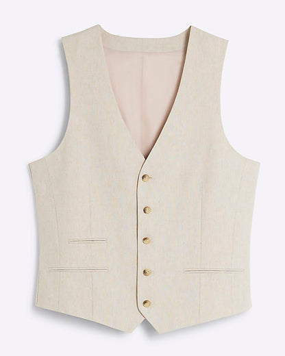 Cream Slim Fit Linen Blend Waistcoat
