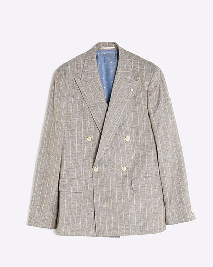 Grey Slim Fit Stripe Linen Blend Suit Jacket