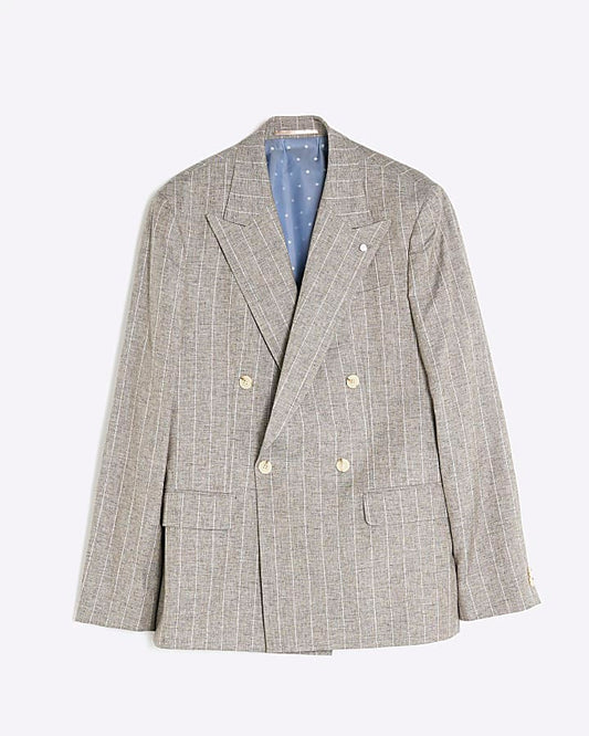 Grey Slim Fit Stripe Linen Blend Suit Jacket