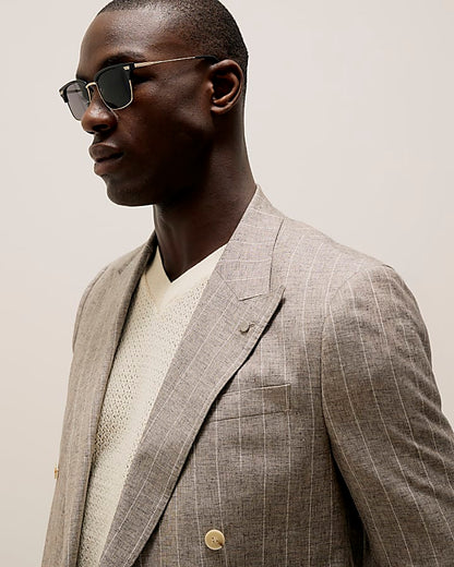 Grey Slim Fit Stripe Linen Blend Suit Jacket
