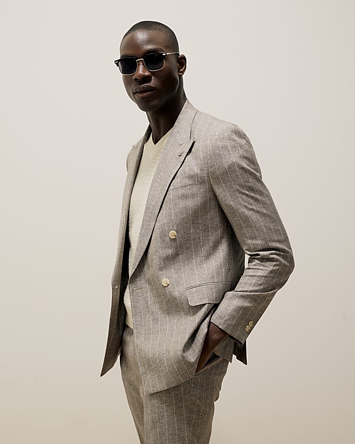 Grey Slim Fit Stripe Linen Blend Suit Jacket