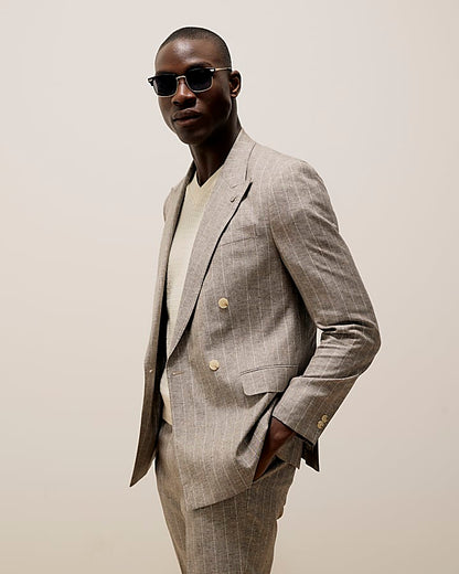 Grey Slim Fit Stripe Linen Blend Suit Jacket