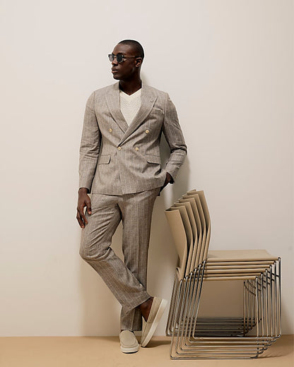 Grey Slim Fit Stripe Linen Blend Suit Jacket