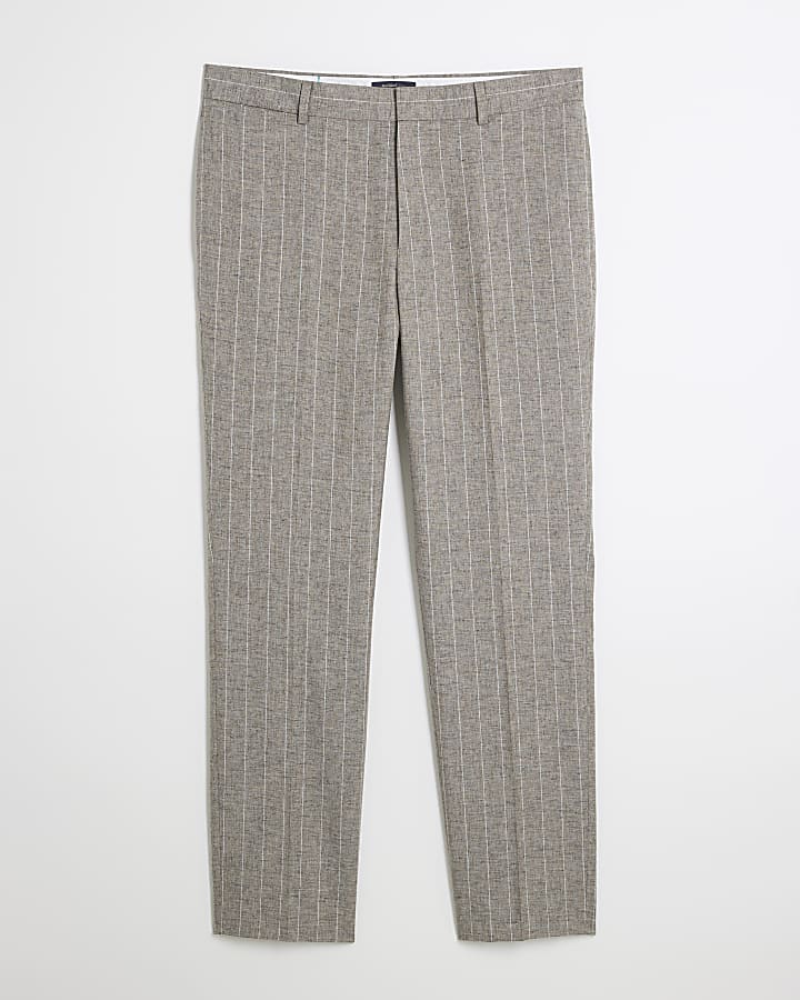 Grey Slim Stripe Linen Blend Suit Trousers