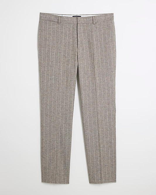 Grey Slim Stripe Linen Blend Suit Trousers