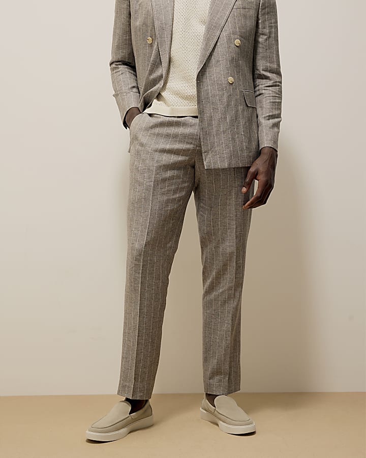 Grey Slim Stripe Linen Blend Suit Trousers