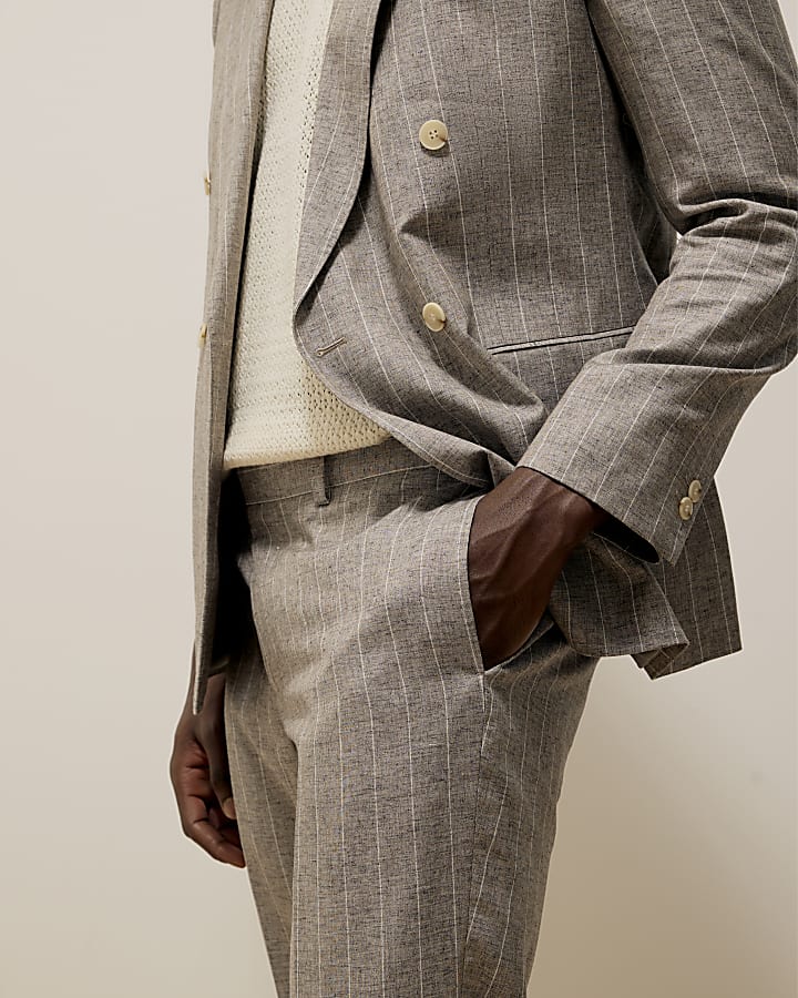 Grey Slim Stripe Linen Blend Suit Trousers