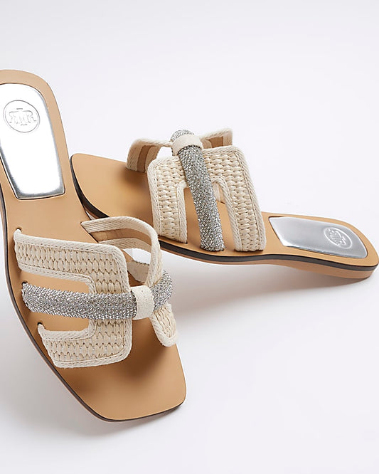 Beige raffia diamante flat sandals