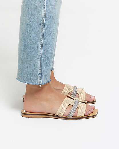 Beige raffia diamante flat sandals
