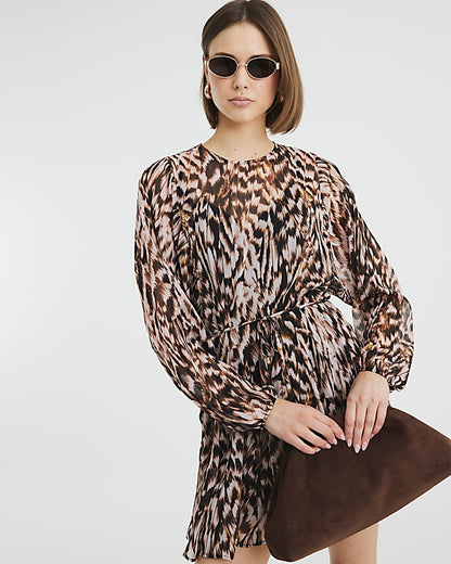 Brown Abstract Print Belted Mini Dress