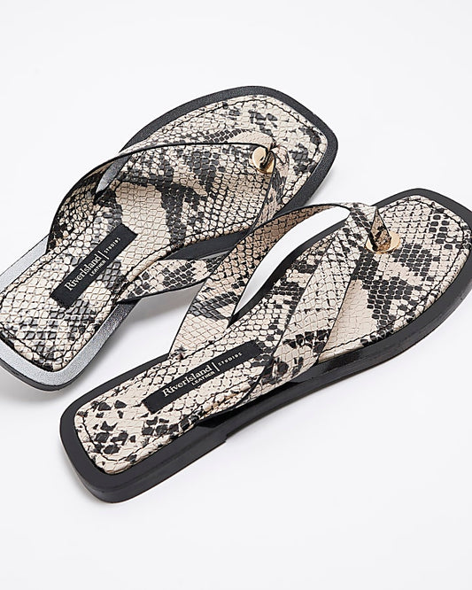 Beige Leather Snake Flip Flop Flat Sandals
