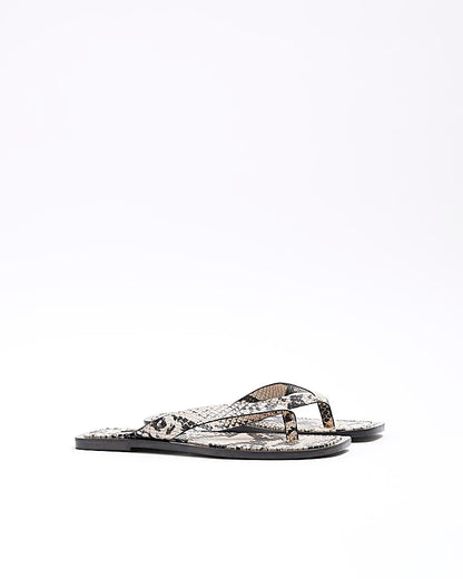 Beige Leather Snake Flip Flop Flat Sandals