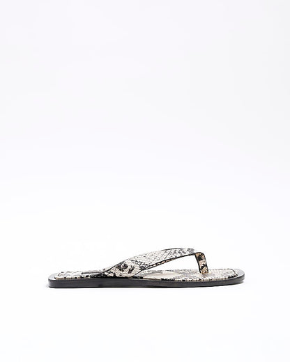 Beige Leather Snake Flip Flop Flat Sandals