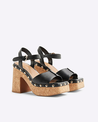 Black Cork Platform Heeled Sandals