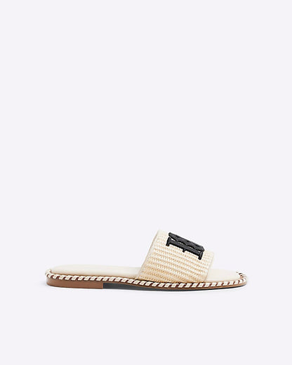 Beige Raffia Flat Sandals
