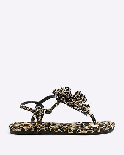Brown Leopard Flower Toe Thong Flat Sandals