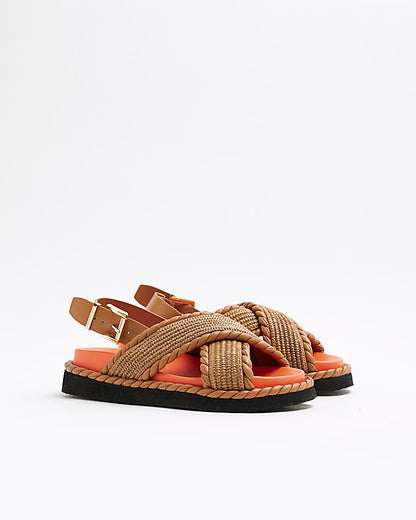 Orange Cross Strap Chunky Sandals