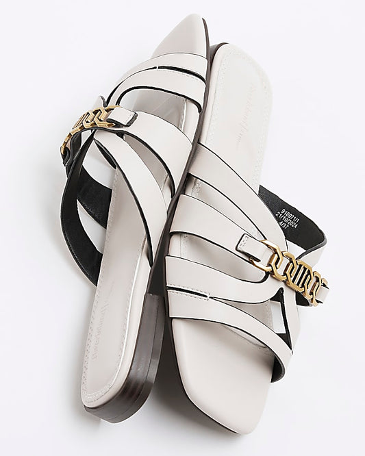 Cream Strappy Flat Mule Sandals