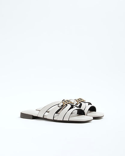 Cream Strappy Flat Mule Sandals