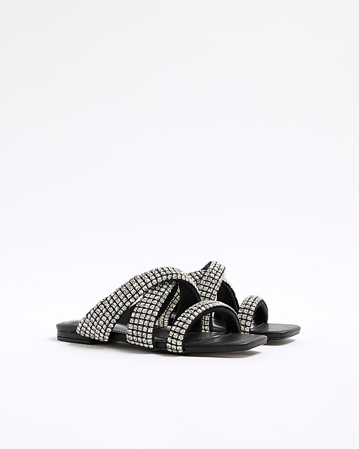 Black Wide Fit Embellished Twist Sandals
