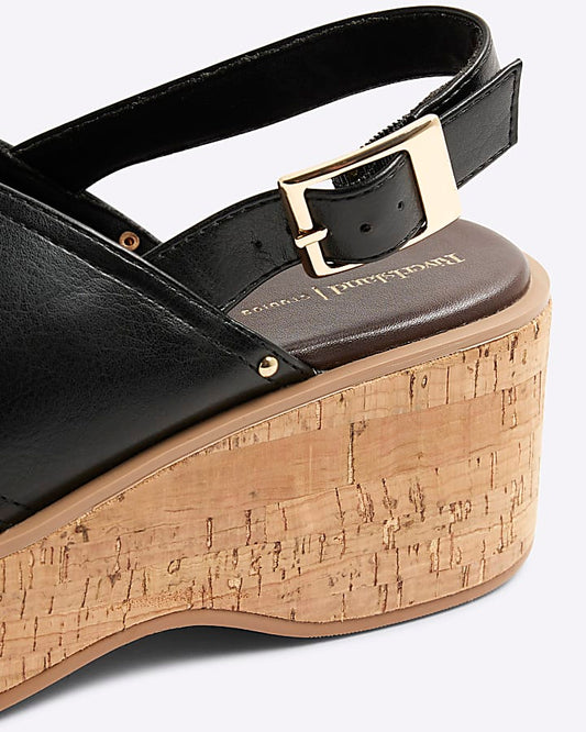 Black Wide Fit Cross Strap Wedge Sandals