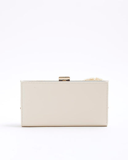Beige Raffia 3D Floral Clip Top Purse