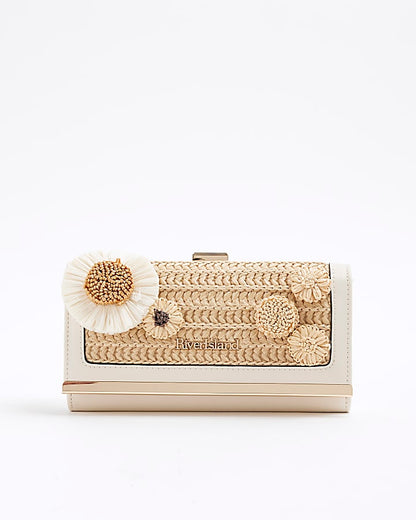 Beige Raffia 3D Floral Clip Top Purse