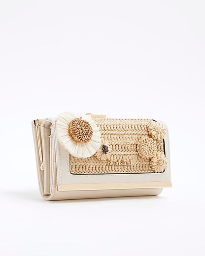 Beige Raffia 3D Floral Clip Top Purse