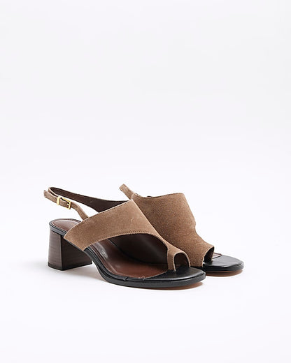 Brown Suede Toe Thong Block Heeled Sandals