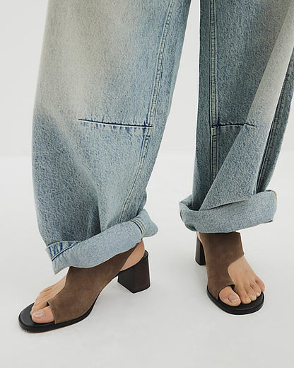 Brown Suede Toe Thong Block Heeled Sandals