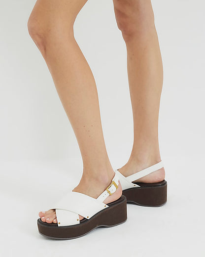 White Wide Fit Cross Strap Wedge Sandals