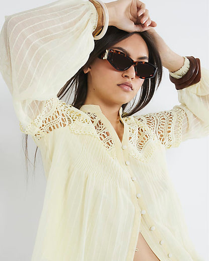 Yellow Long Sleeve Frill Yoke Blouse