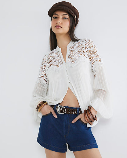 White Long Sleeve Pleated Lace Blouse