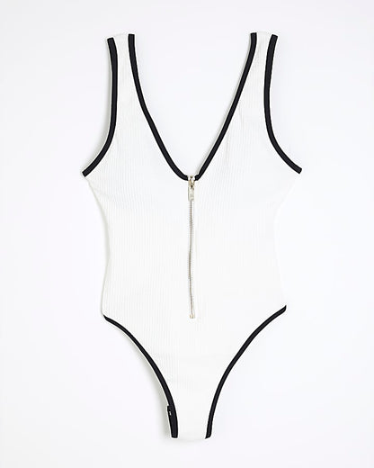 White Zip Textured Swimsuit