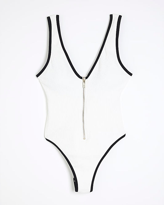 White Zip Textured Swimsuit