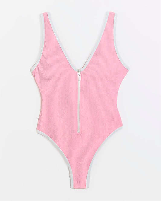 Pink Zipped Textured Swimsuit
