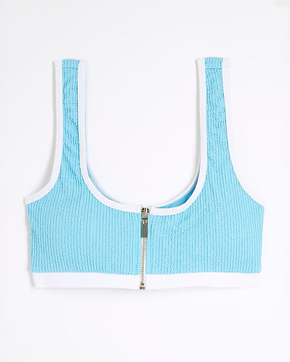 Blue Zip Front Textured Bikini Top