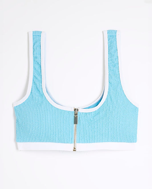 Blue Zip Front Textured Bikini Top
