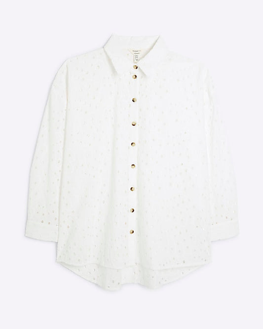 White Long Sleeve Oversized Broderie Shirt