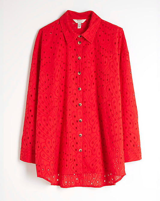 Red Long Sleeve Oversized Broderie Shirt